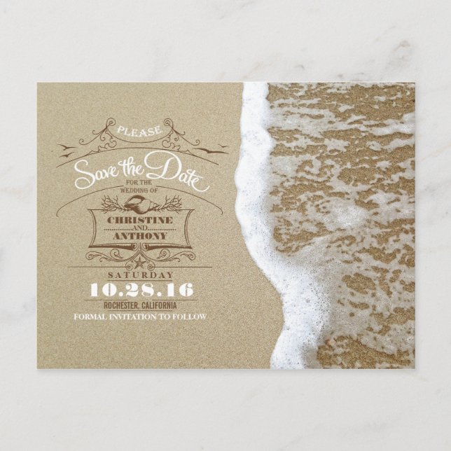 Beach wedding modern save the date postcards (Front)