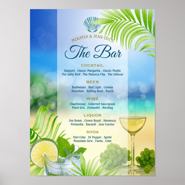 Beach Wedding Mojito Wine Palm Open Bar Menu Poster (Front)