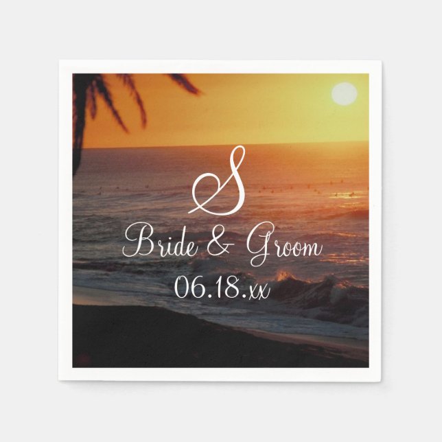 Beach Wedding Monogram Bride Groom Names Date Pape Napkin (Front)