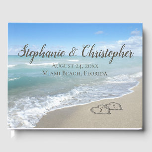 Beach Wedding Monogram Hearts in the Sand Guest Book