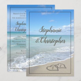 Beach Wedding Monogram Hearts in the Sand Invitation