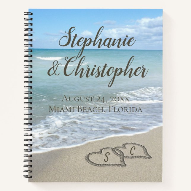 Beach Wedding Monogram Hearts in the Sand Notebook (Front)