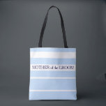 Beach wedding Mother of groom blue white stripes Tote Bag<br><div class="desc">Modern Beach wedding bag. Light blue ocean,  sea,  and white stripes. Mother of the Groom,  name at the back.
You can easily change the name at the back.</div>