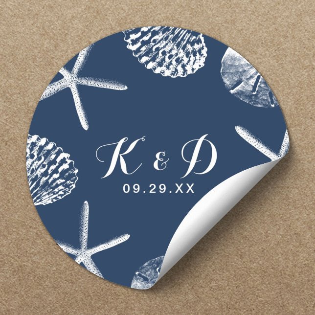 Beach Wedding Navy Blue Seashells Wedding Favour Classic Round Sticker (Creator Uploaded)