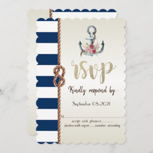 Beach Wedding Navy Rope,Striped  RSVP   Invitation