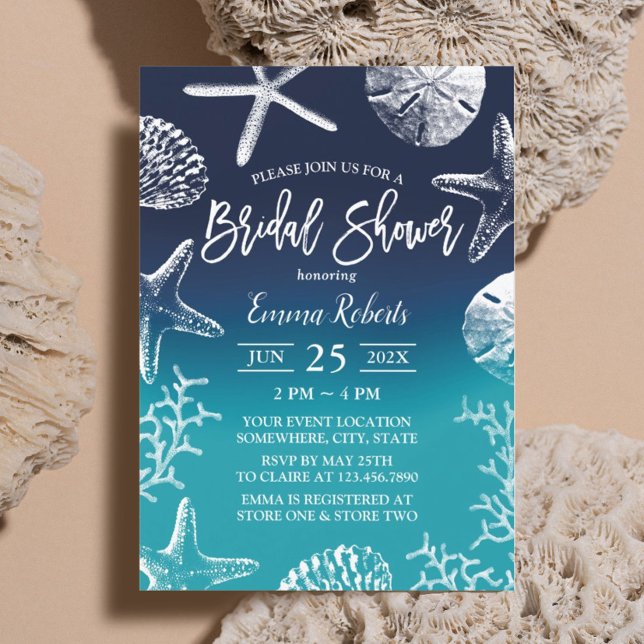 Beach Wedding Ocean Blue Seashells Bridal Shower Invitation (Creator Uploaded)