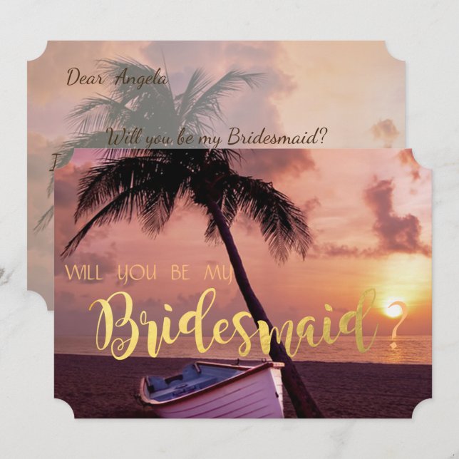 Beach Wedding, Palm, Sunset, Boat  Bridesmaid Card (Front/Back)