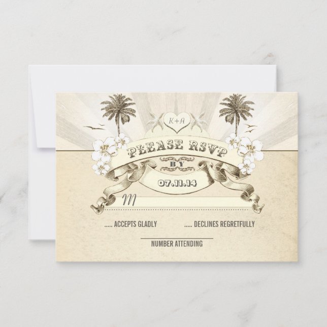 beach wedding palms starfish sun rays wedding RSVP Card (Front)