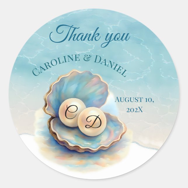 Beach Wedding Pearls Shell Elegant Ocean Theme  Classic Round Sticker (Front)