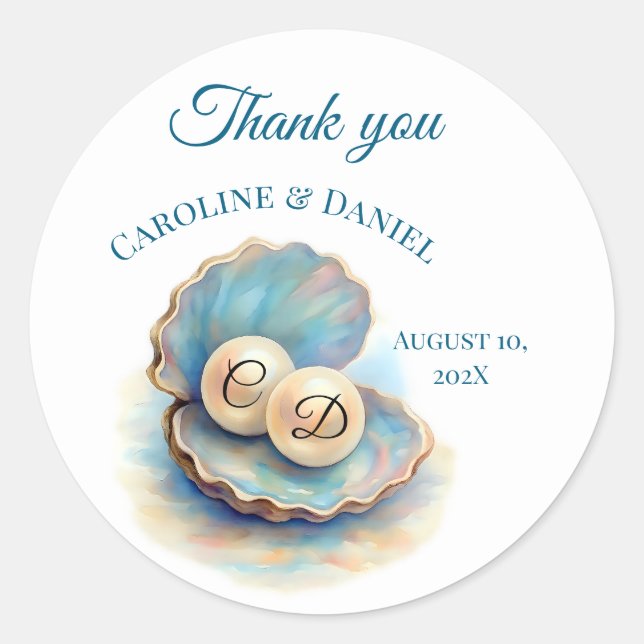 Beach Wedding Pearls Shell Elegant Ocean Theme  Classic Round Sticker (Front)