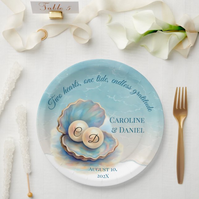 Beach Wedding Pearls Shell Elegant Ocean Theme  Paper Plate (Wedding)