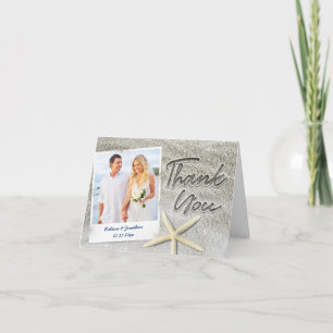 Beach Wedding Photo Thank You Cards Sand Script