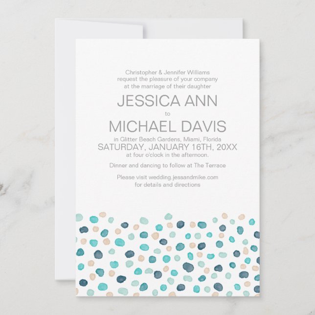 Beach Wedding Polka Dots Watercolor Modern Invitat Invitation (Front)