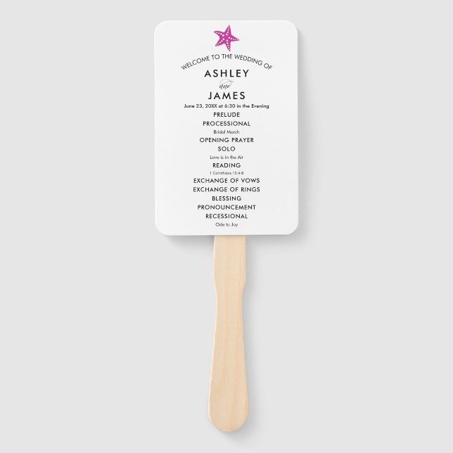 Beach Wedding Program Fan with Starfish, Fuchsia (Front)