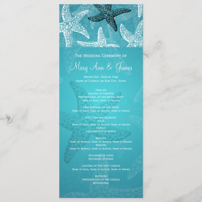 Beach Wedding Program Starfish Blue (Front)