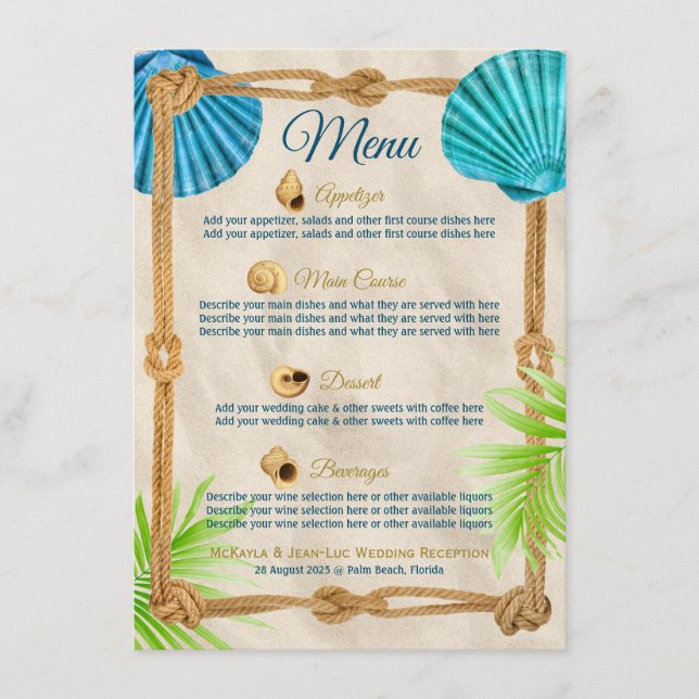Beach Wedding Reception Dinner Seashell Rope Palm Menu (Front)