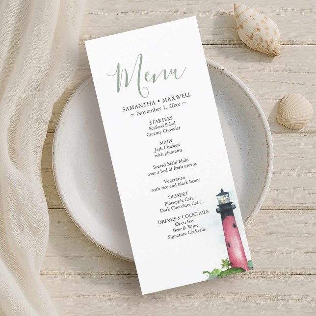 Beach Wedding Reception Lighthouse Menu Card (Beach wedding in Florida features watercolor Jupiter lighthouse menu card by Victoria Grigaliunas)