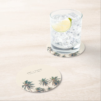 Beach Wedding Reception Palm Tree Personalised Round Paper Coaster