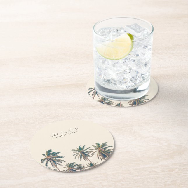 Beach Wedding Reception Palm Tree Personalised Round Paper Coaster (Insitu)