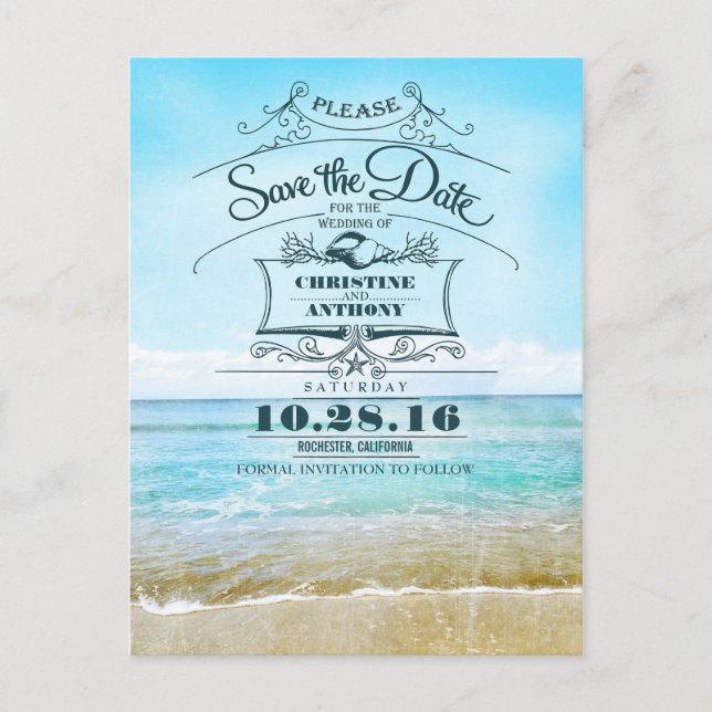 Beach wedding retro save the date postcards (Front)