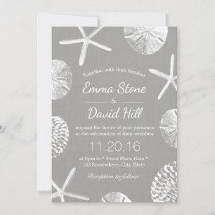 Beach Wedding Rustic Seashells Silver Linen Invitation