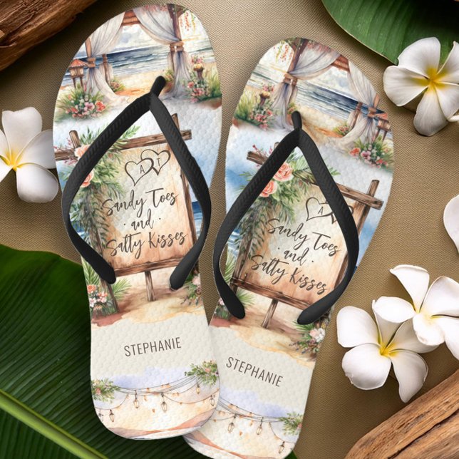 Beach Wedding Salty Toes Sandy Kisses Personalise Thongs (Montage personalized flip flops from the Sunset Beach Wedding Collection by Darling & May)