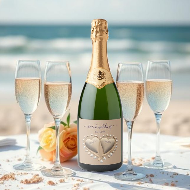 Beach Wedding Sand Hearts Sparkling Wine Label (Beach Wedding Sand Hearts Sparkling Wine Label )