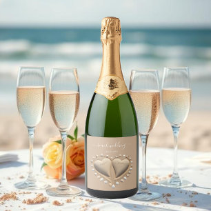 Beach Wedding Sand Hearts Sparkling Wine Label