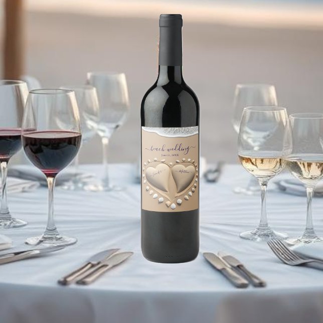 Beach Wedding Sand Hearts Wine Label (Beach Wedding Sand Hearts Wine Label )