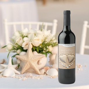 Beach Wedding Sand Hearts Wine Label