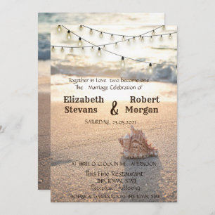 Beach Wedding,Sand, String Lights Seashell  Invitation