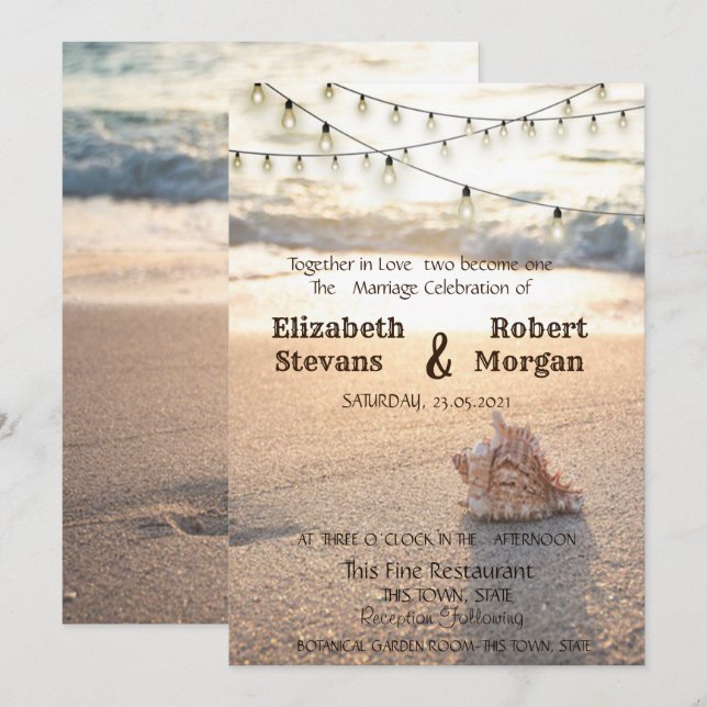Beach Wedding,Sand, String Lights Seashell  Invitation (Front/Back)