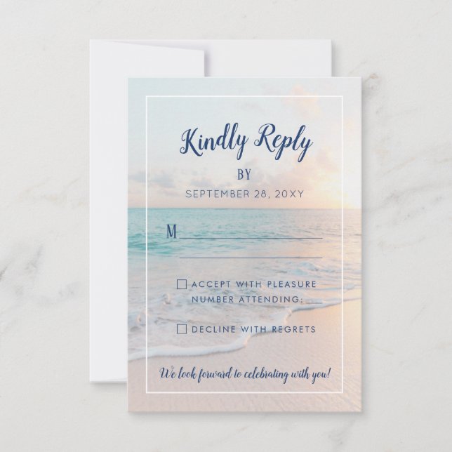 Beach Wedding Sandy Ocean Sunset RSVP Card (Front)