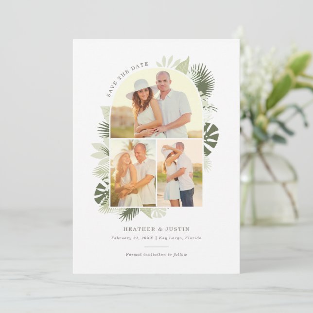 Beach Wedding Save The Date Card with Palm Leaves (Standing Front)
