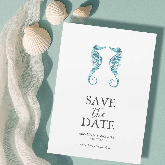 Beach Wedding Save The Date Magnets (Beach wedding looks watercolor seahorse art by Victoria Grigaliunas of Do Tell A Belle)