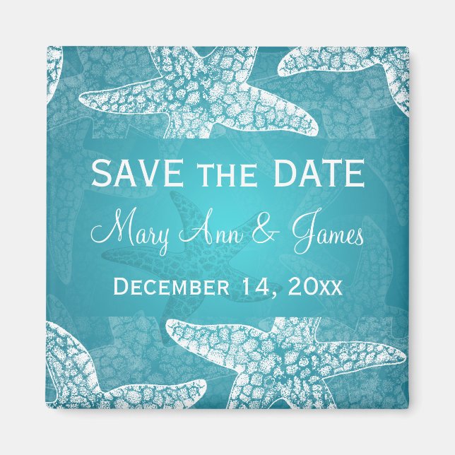 Beach Wedding Save The Date Starfish Blue Magnet (Front)