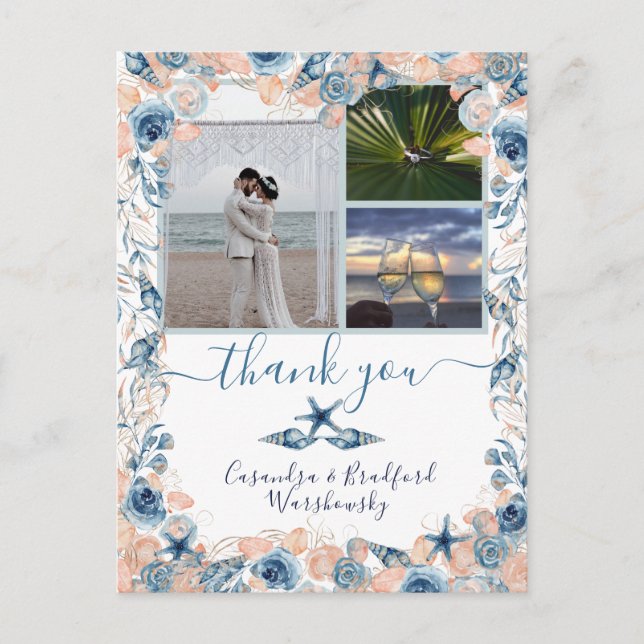 Beach Wedding Seashell and Roses Photo Thank You  Postcard (Front)