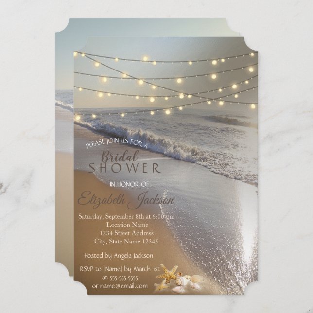 Beach Wedding Seashell String Lights Bridal Shower Invitation (Front/Back)