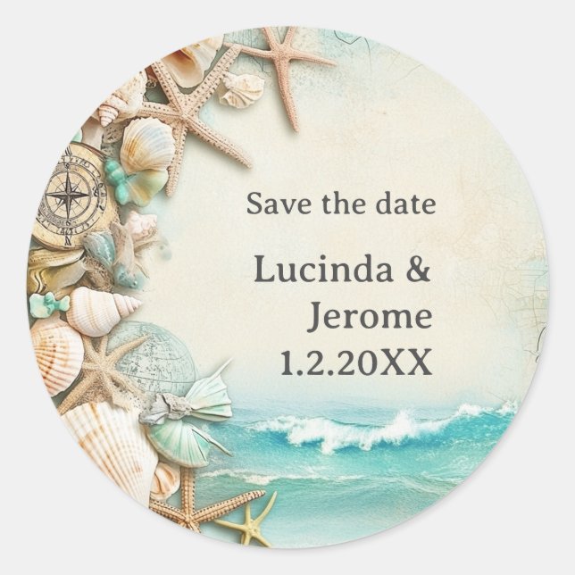 Beach wedding seashells classic round sticker (Front)