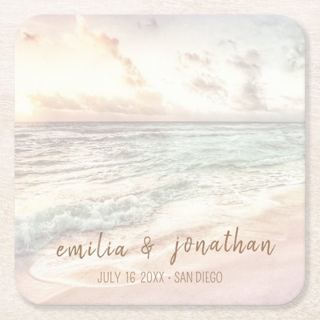 Beach Wedding | Seaside Wedding Square Paper Coaster (Front)