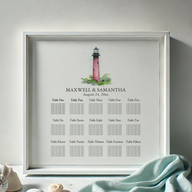 Beach Wedding SEATING CHART Lighthouse (Seating chart for destination weddings watercolor Jupiter lighthouse art by Victoria Grigaliunas)