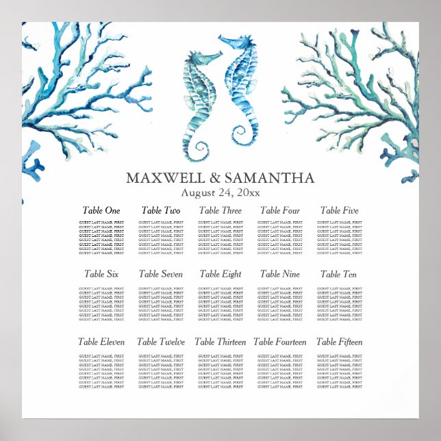Beach Wedding SEATING CHART Seahorse (Front)
