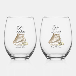 Beach Wedding Shell & Rings Personalised Stemless Wine Glass