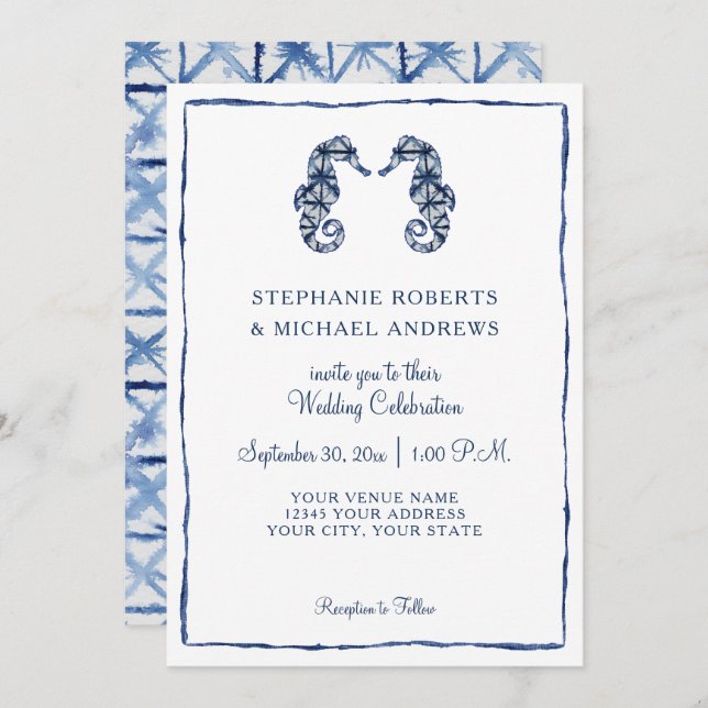 Beach Wedding Shibori Indigo Watercolor Seahorse Invitation (Front/Back)