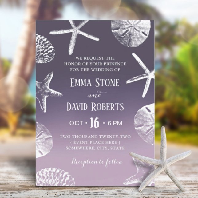 Beach Wedding Starfish Seashell Dusty Purple Ombre Invitation (Creator Uploaded)