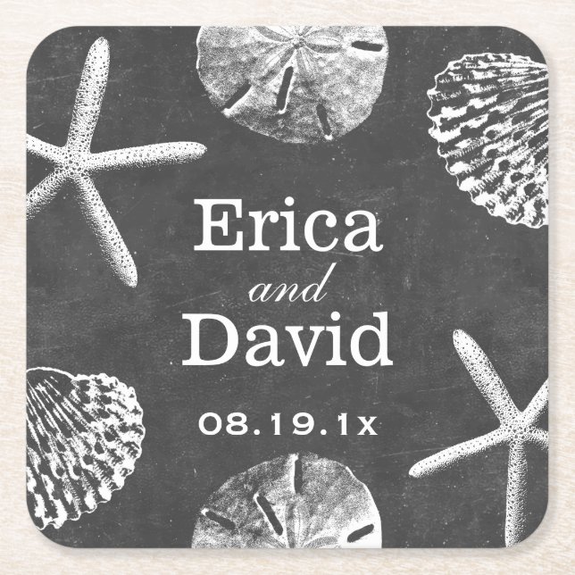 Beach Wedding Starfish & Seashells Chalkboard Square Paper Coaster (Front)