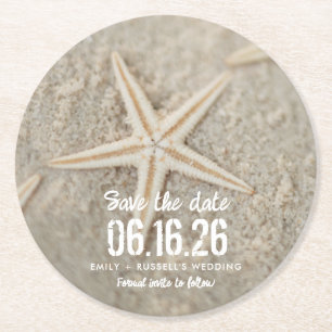 Beach Wedding Starfish Unique Save the Date Round Paper Coaster