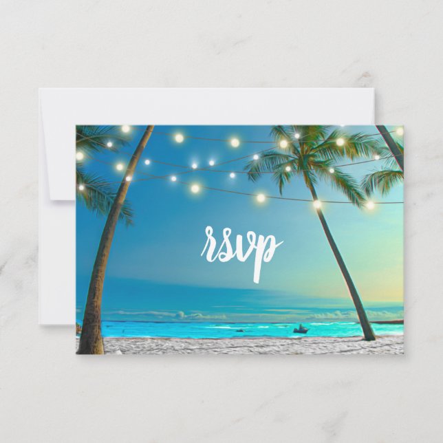Beach Wedding String Lights Palm Trees Wedding RSVP Card (Front)