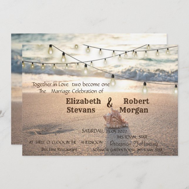 Beach Wedding, String Lights,Sand, Seashell  Invitation (Front/Back)