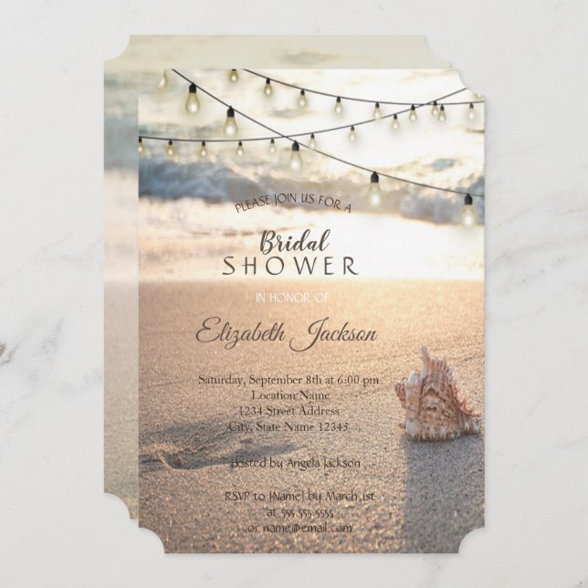 Beach Wedding String Lights Seashell Bridal Shower Invitation (Front/Back)